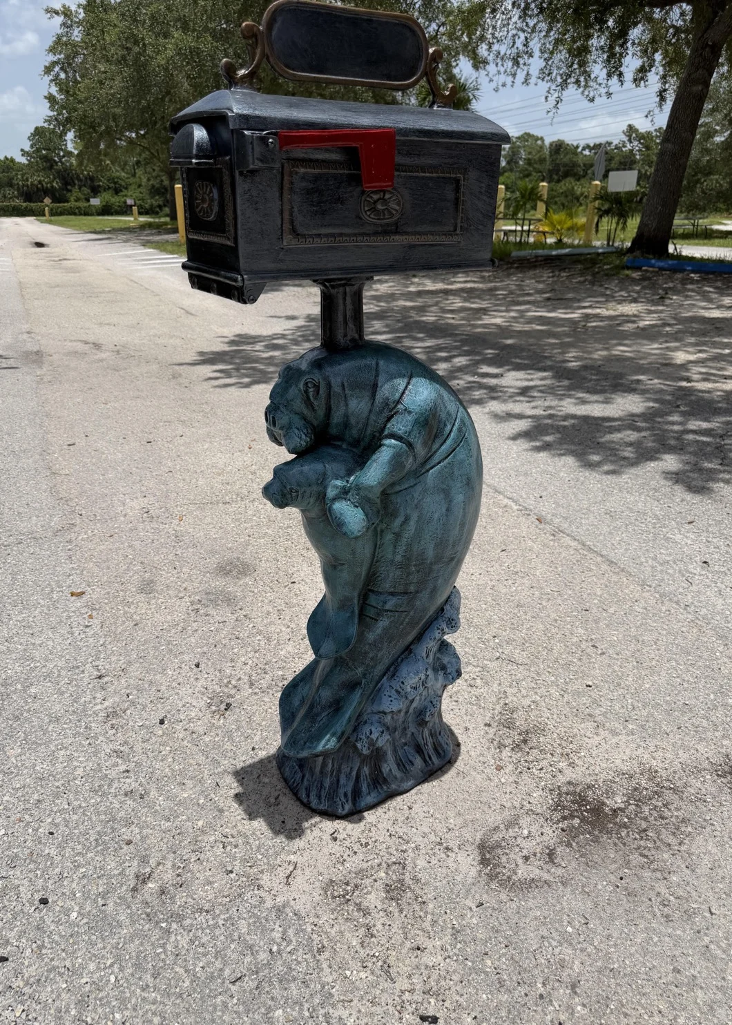 Manatee mailbox statue with mom and baby in Antique Bronze finish for coastal outdoor decor