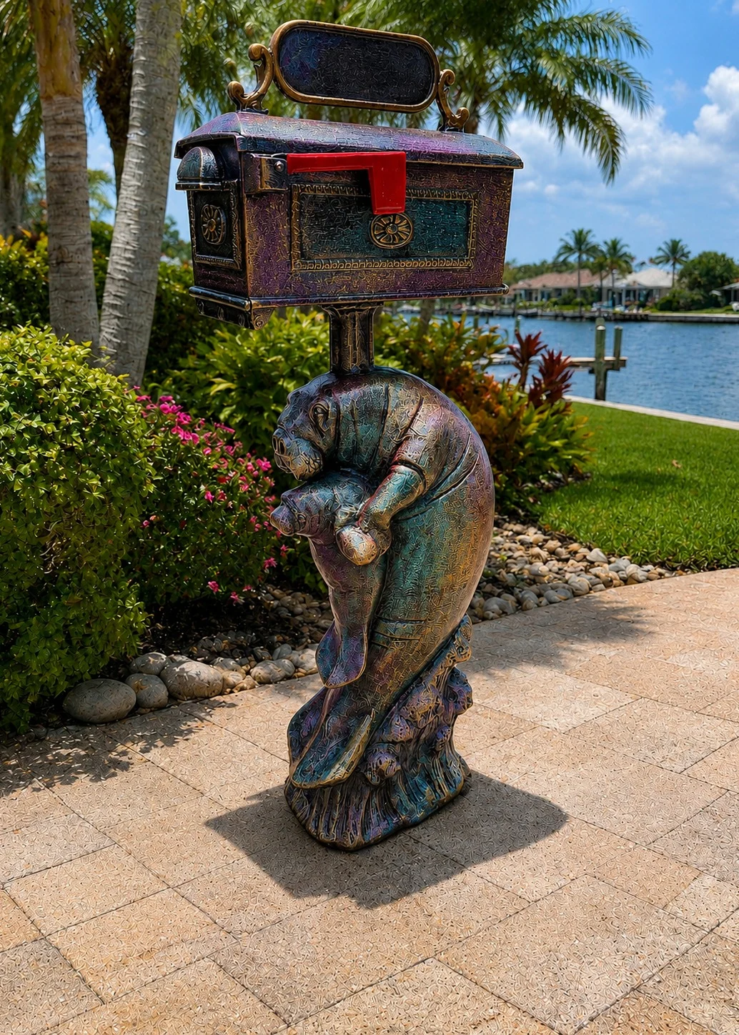 Manatee Mailbox Statue – Mom and Baby Outdoor Aluminum Decor