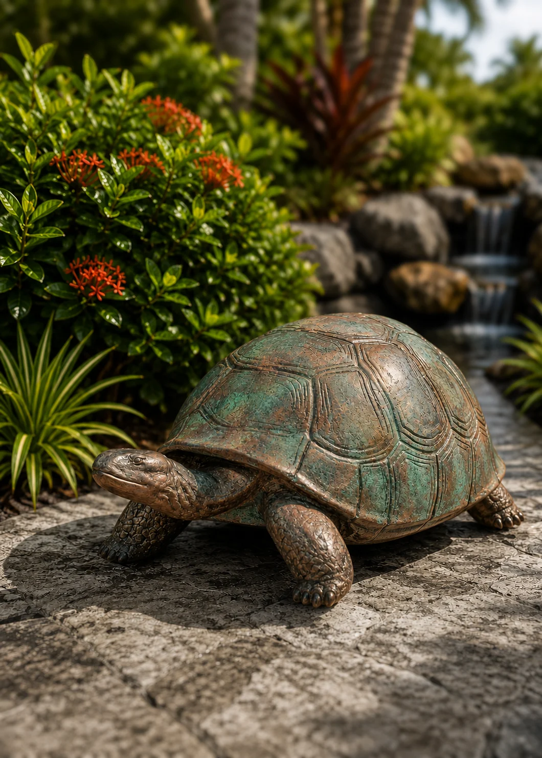 Medium Outdoor Turtle Garden Statue in Aged Copper hand-painted finish displayed in a landscaped outdoor setting