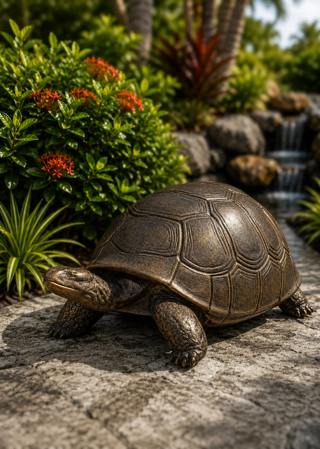 Medium Outdoor Turtle Garden Statue in Antique Bronze hand-painted finish displayed in a landscaped outdoor setting