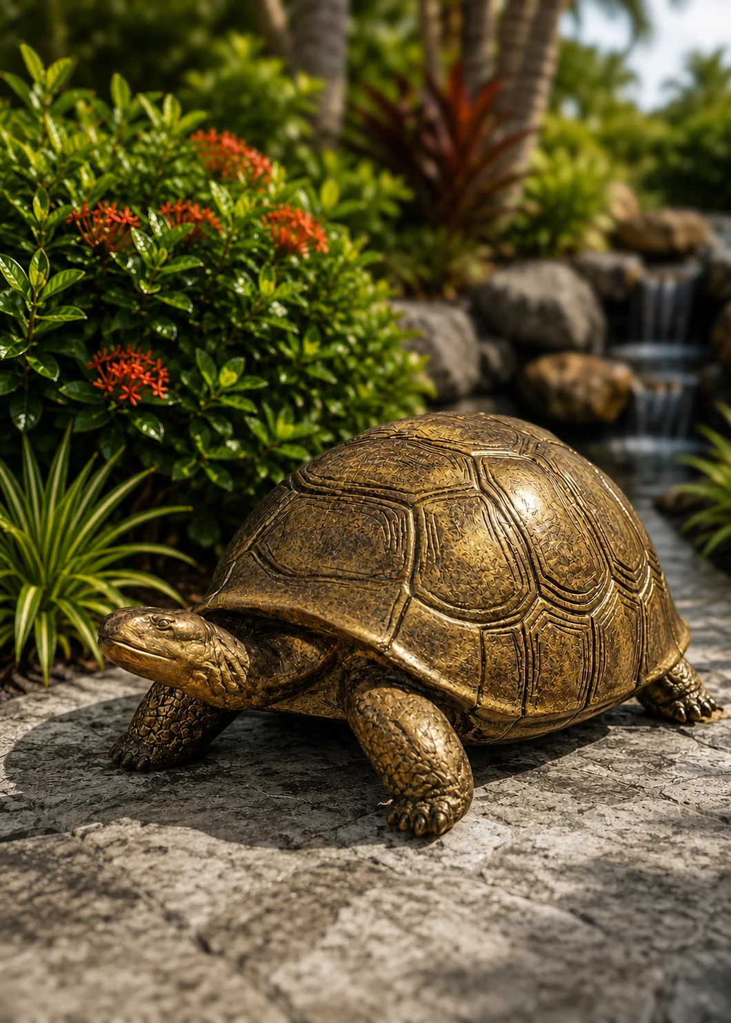 Medium Outdoor Turtle Garden Statue in Antique Gold hand-painted finish displayed in a landscaped outdoor setting