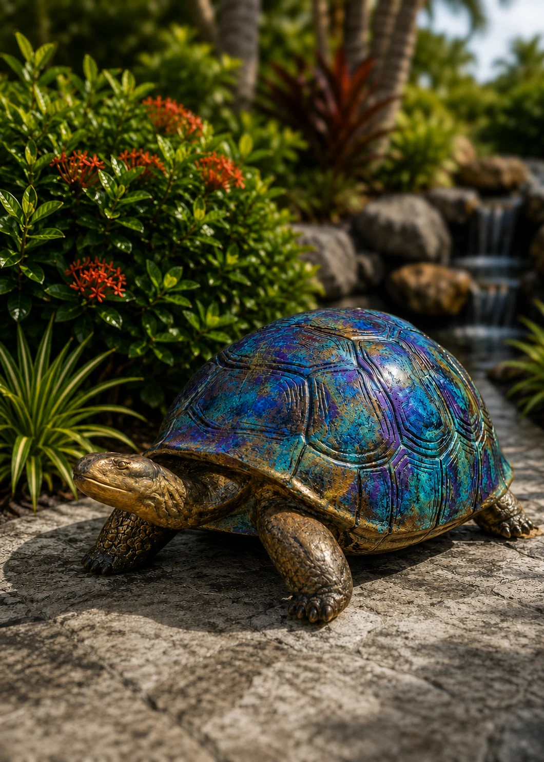 Medium Outdoor Turtle Garden Statue in Coastal Blue hand-painted finish displayed in a landscaped outdoor setting
