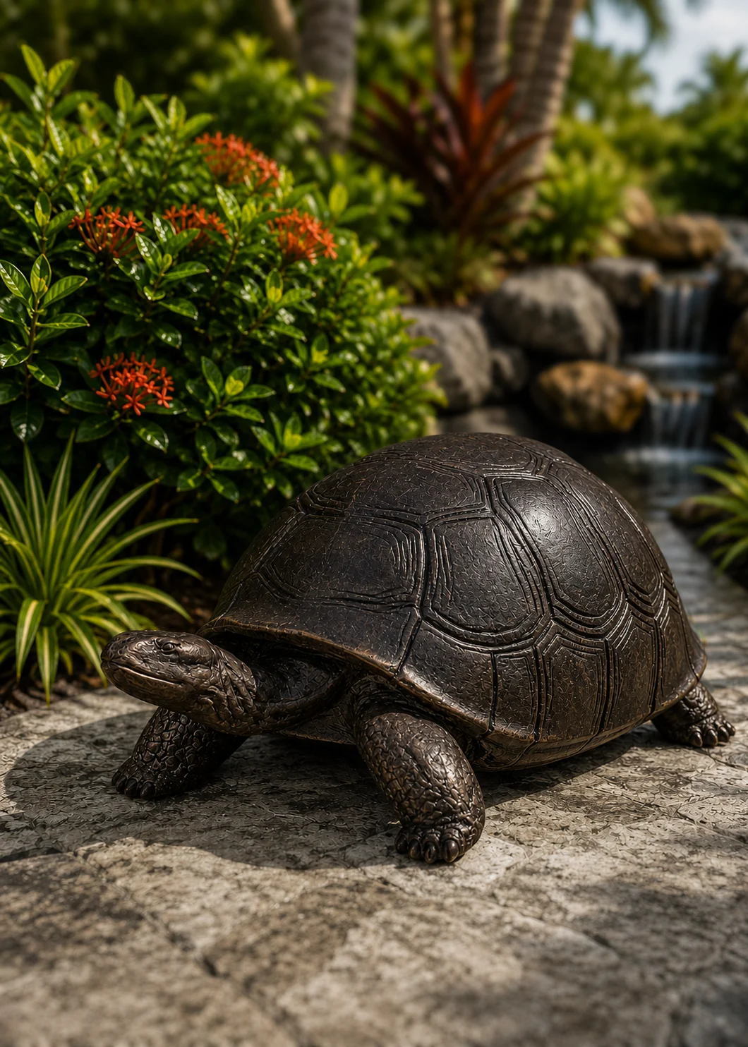 Medium Outdoor Turtle Garden Statue in Dark Bronze hand-painted finish displayed in a landscaped outdoor setting