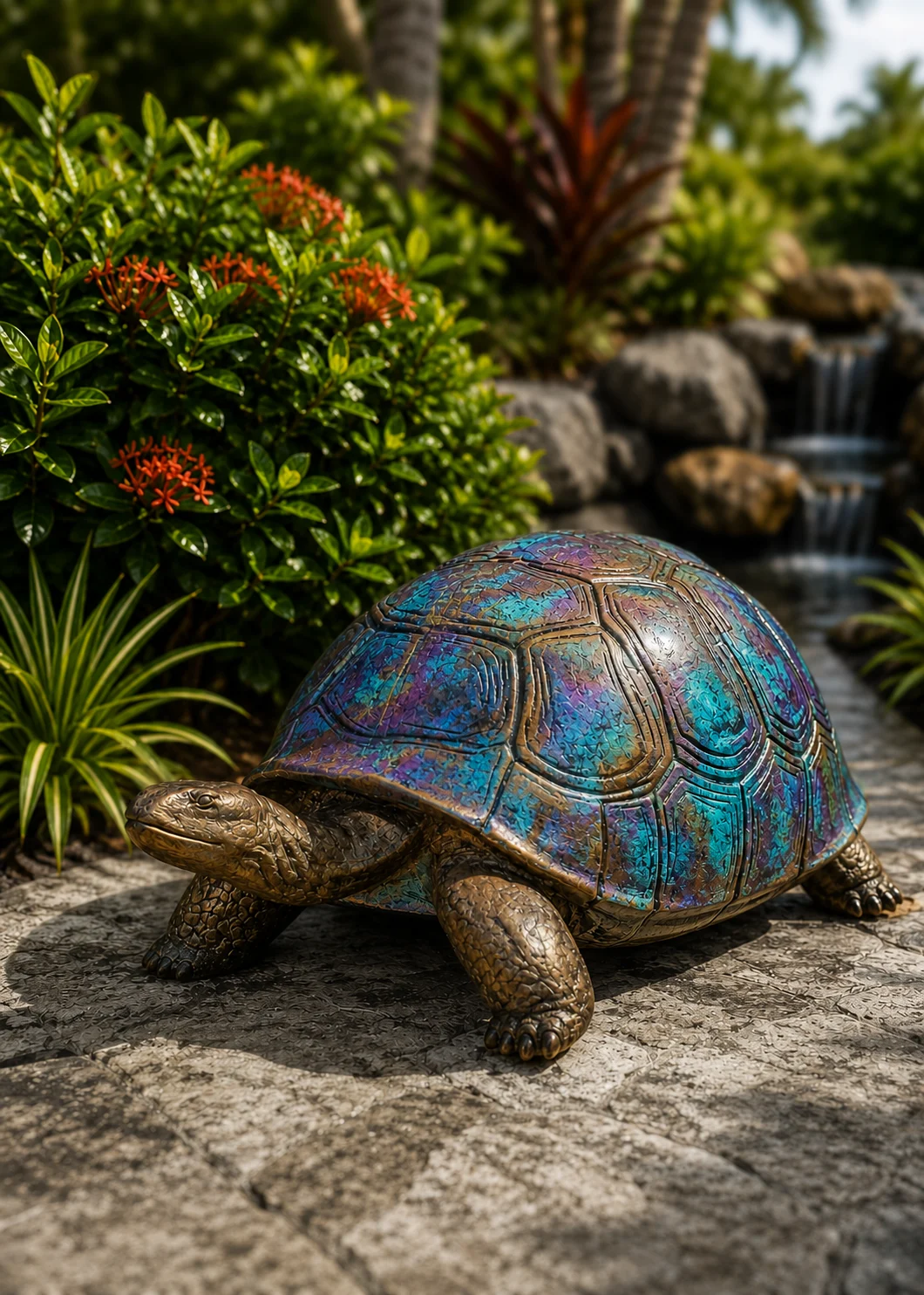 Medium Outdoor Turtle Garden Statue in Multi-Color Artisan hand-painted finish displayed in a landscaped outdoor setting