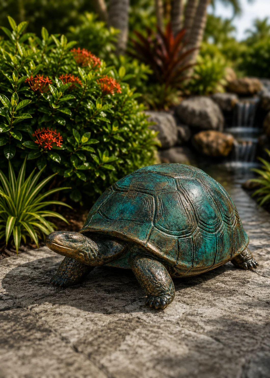 Medium Outdoor Turtle Garden Statue in Ocean Patina hand-painted finish displayed in a landscaped outdoor setting
