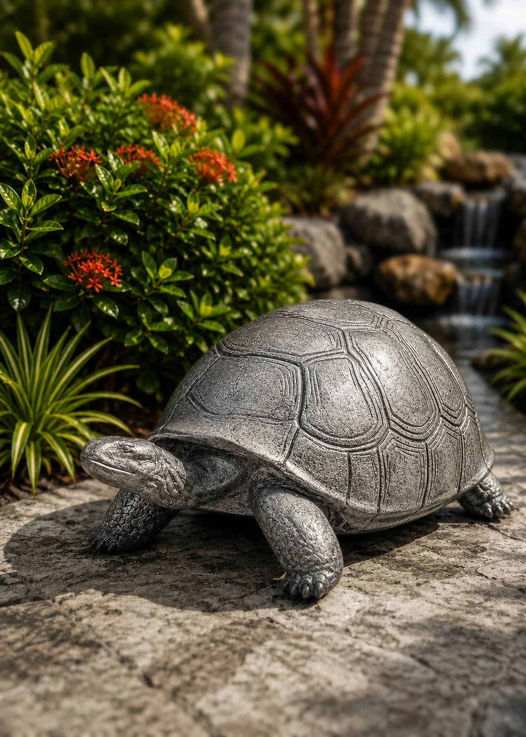 Medium Outdoor Turtle Garden Statue in Silver Patina hand-painted finish displayed in a landscaped outdoor setting