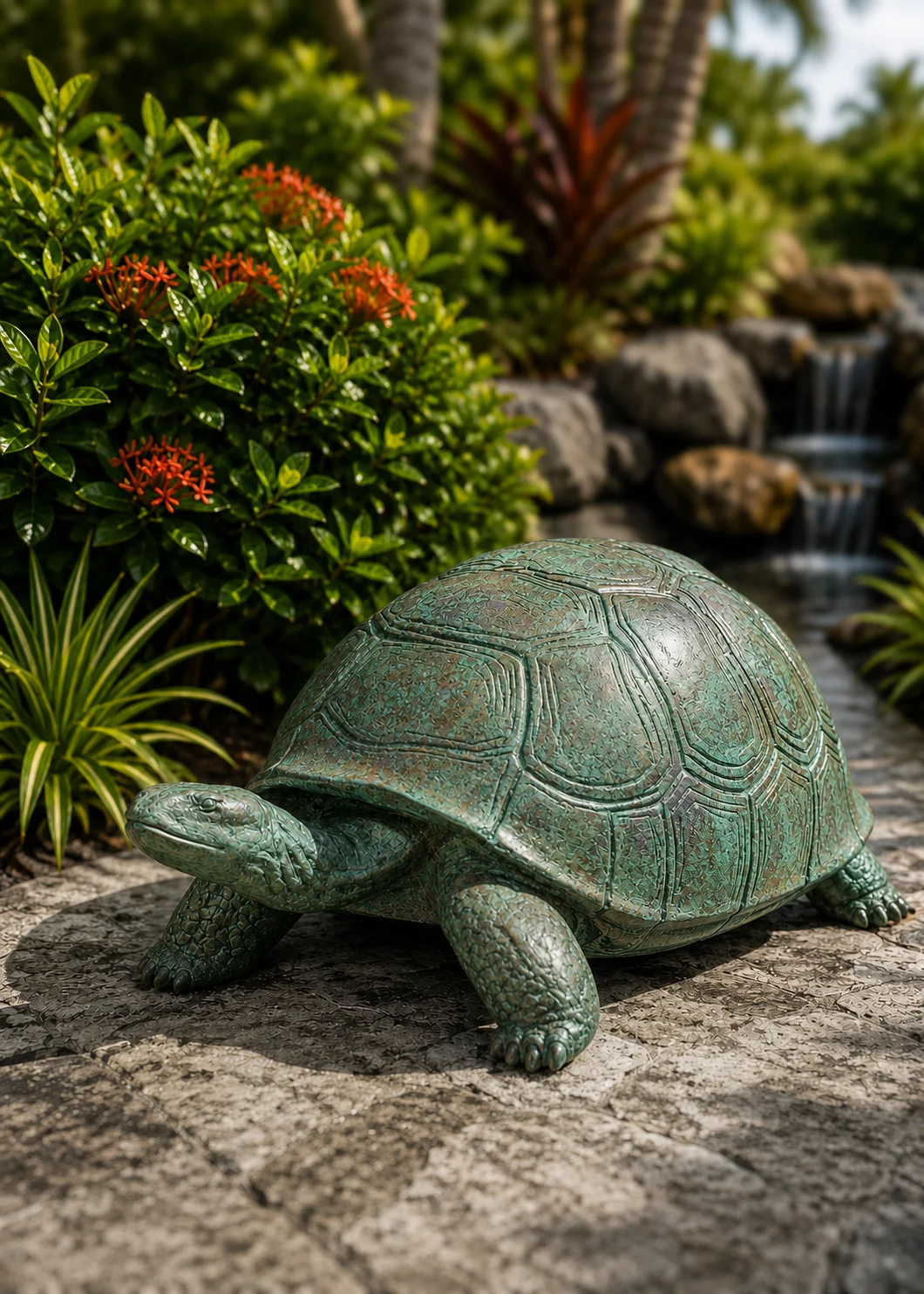Medium Outdoor Turtle Garden Statue in Verdigris Patina hand-painted finish displayed in a landscaped outdoor setting