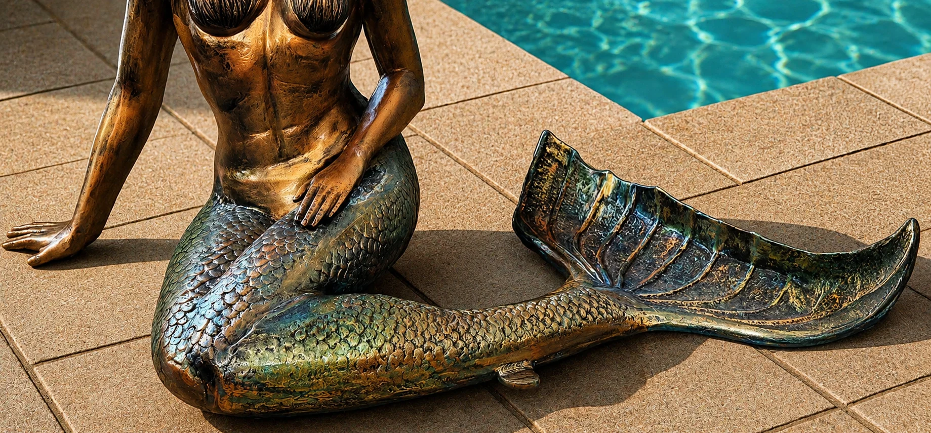 Bronze finish detail of life size mermaid sculpture beside pool