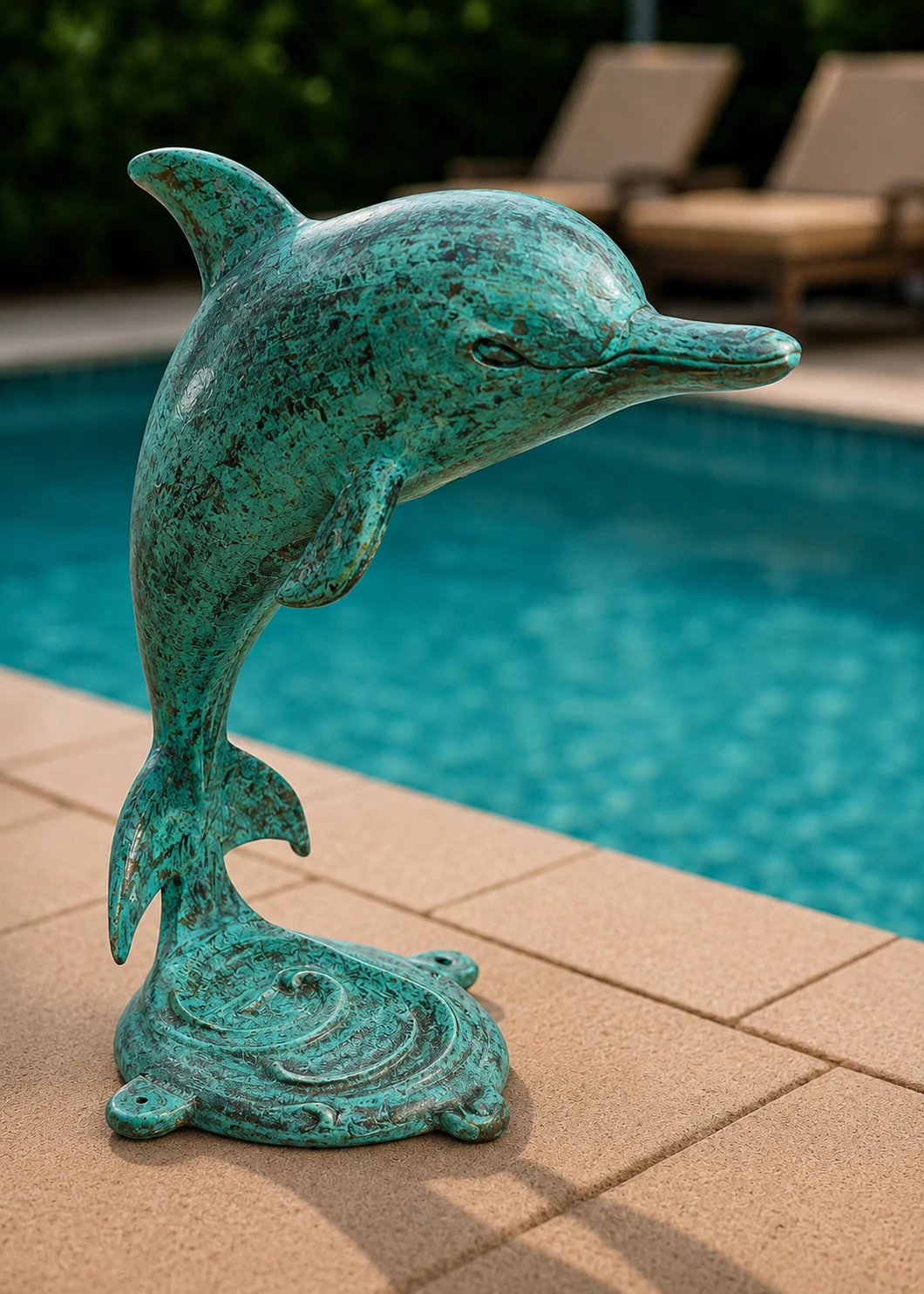 Ocean Patina Dolphin Sculpture Near Pool Statues and Sculpture Shop