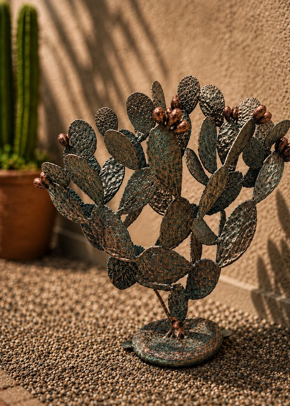 Prickly pear cactus statue in aged copper finish for outdoor garden decor