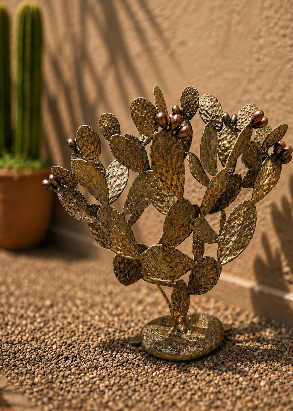 Prickly pear cactus statue in antique gold finish for outdoor garden decor