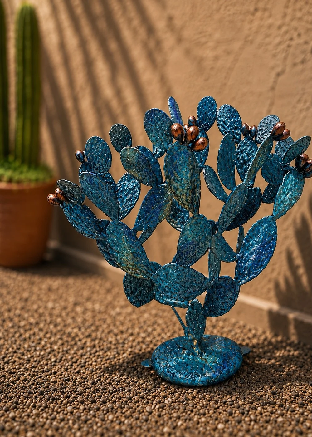 Prickly pear cactus statue in coastal blue finish for outdoor garden decor