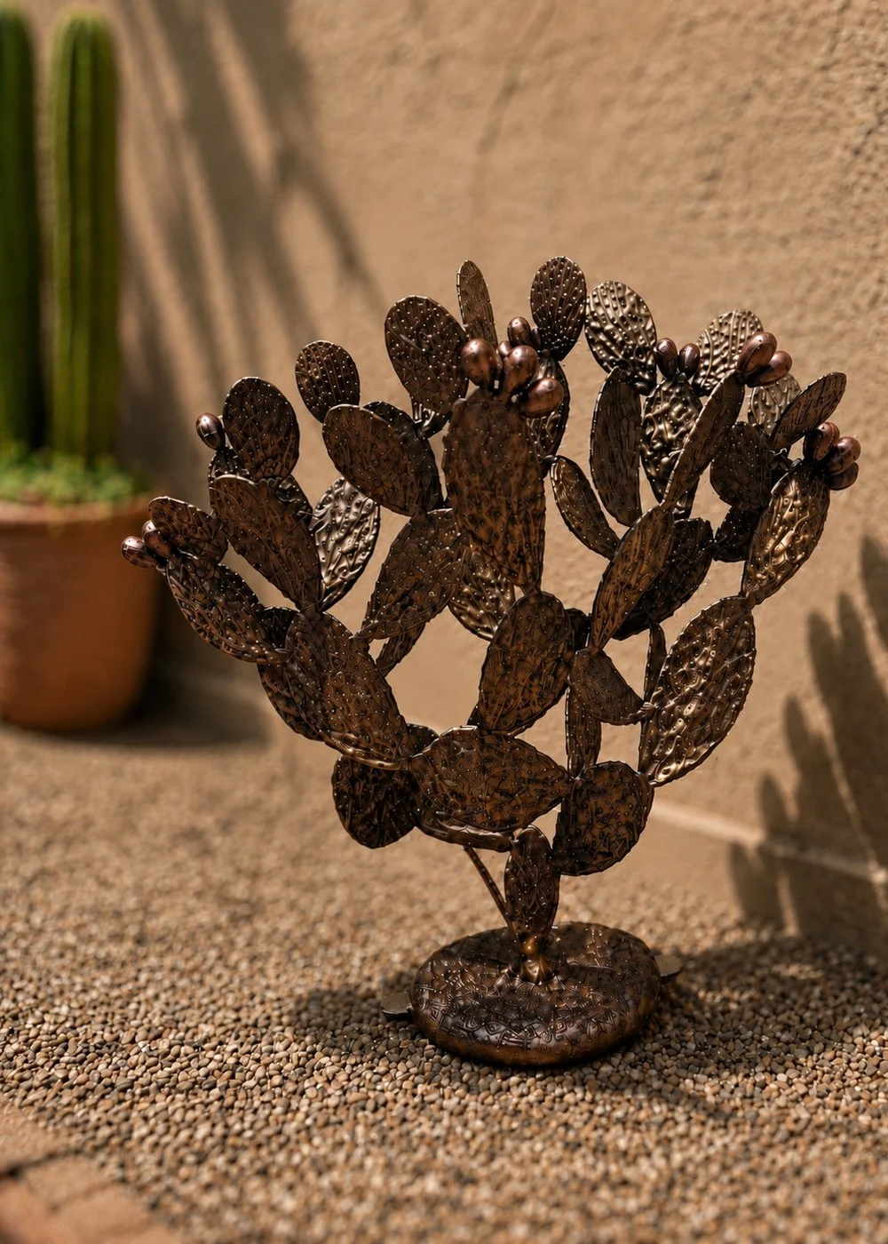 Prickly pear cactus statue in dark bronze finish for outdoor garden decor