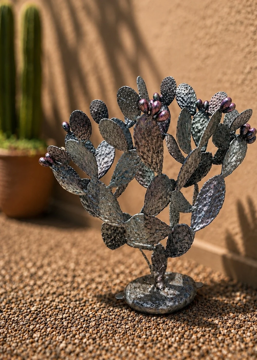 Prickly pear cactus statue in silver patina finish for outdoor garden decor