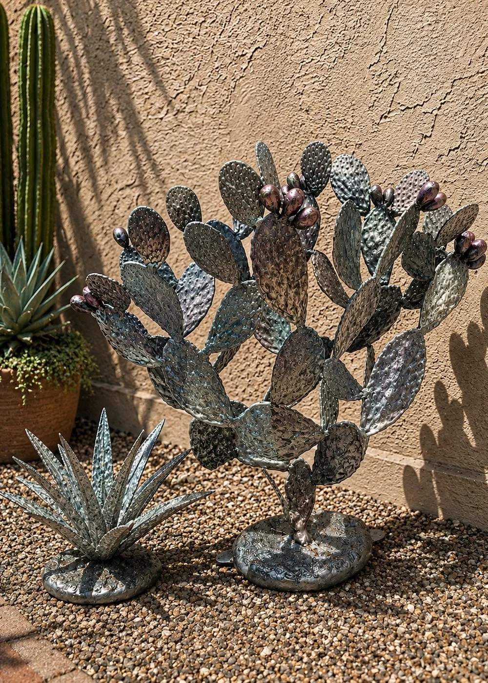 Prickly pear cactus statue in silver patina lifestyle finish for outdoor garden decor