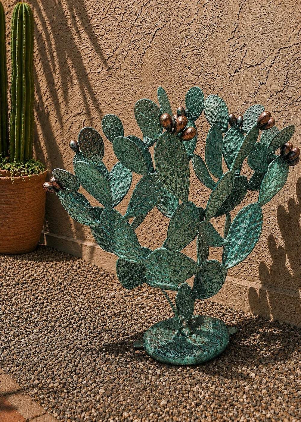 Prickly pear cactus statue in verdigris patina finish for outdoor garden decor