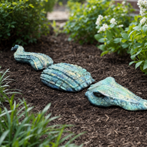 Sculpture Shops 3-piece gator garden statue set arranged in a landscaped garden bed