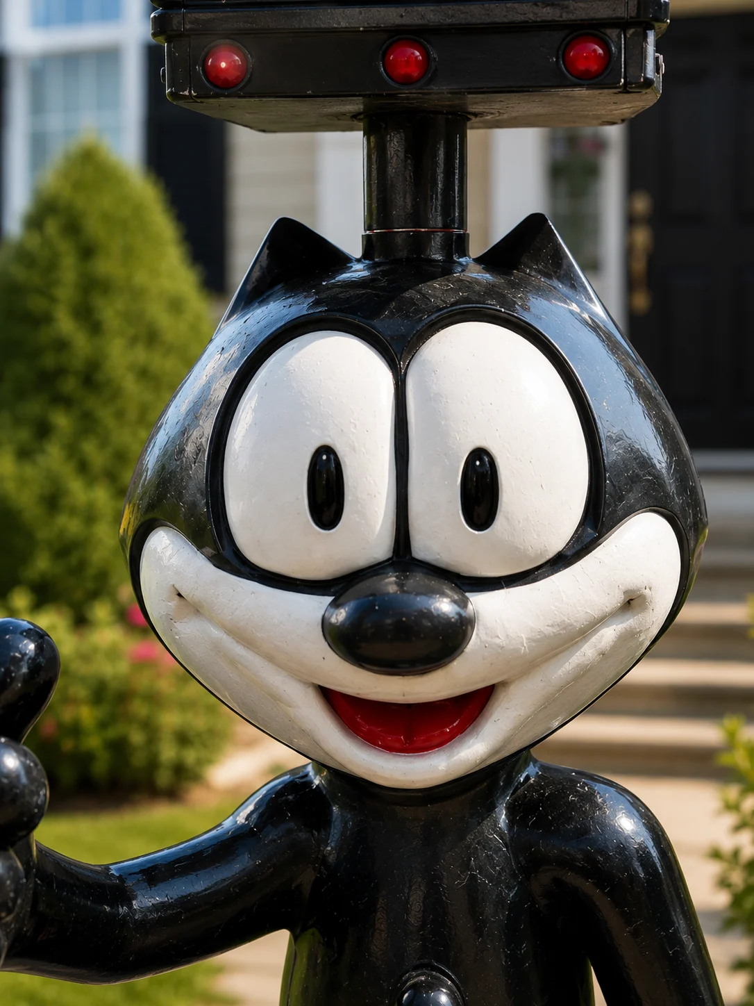 Sculpture Shops retro cartoon cat mailbox statue beside a home driveway