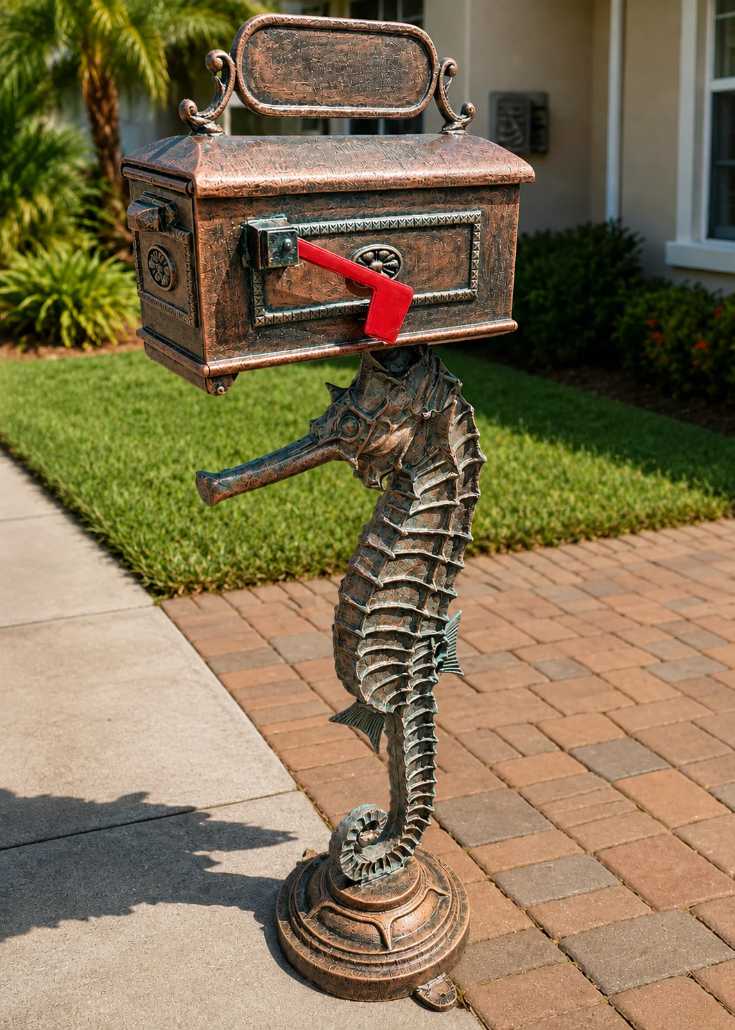 Seahorse mailbox statue in Aged Copper finish displayed at a coastal Florida home