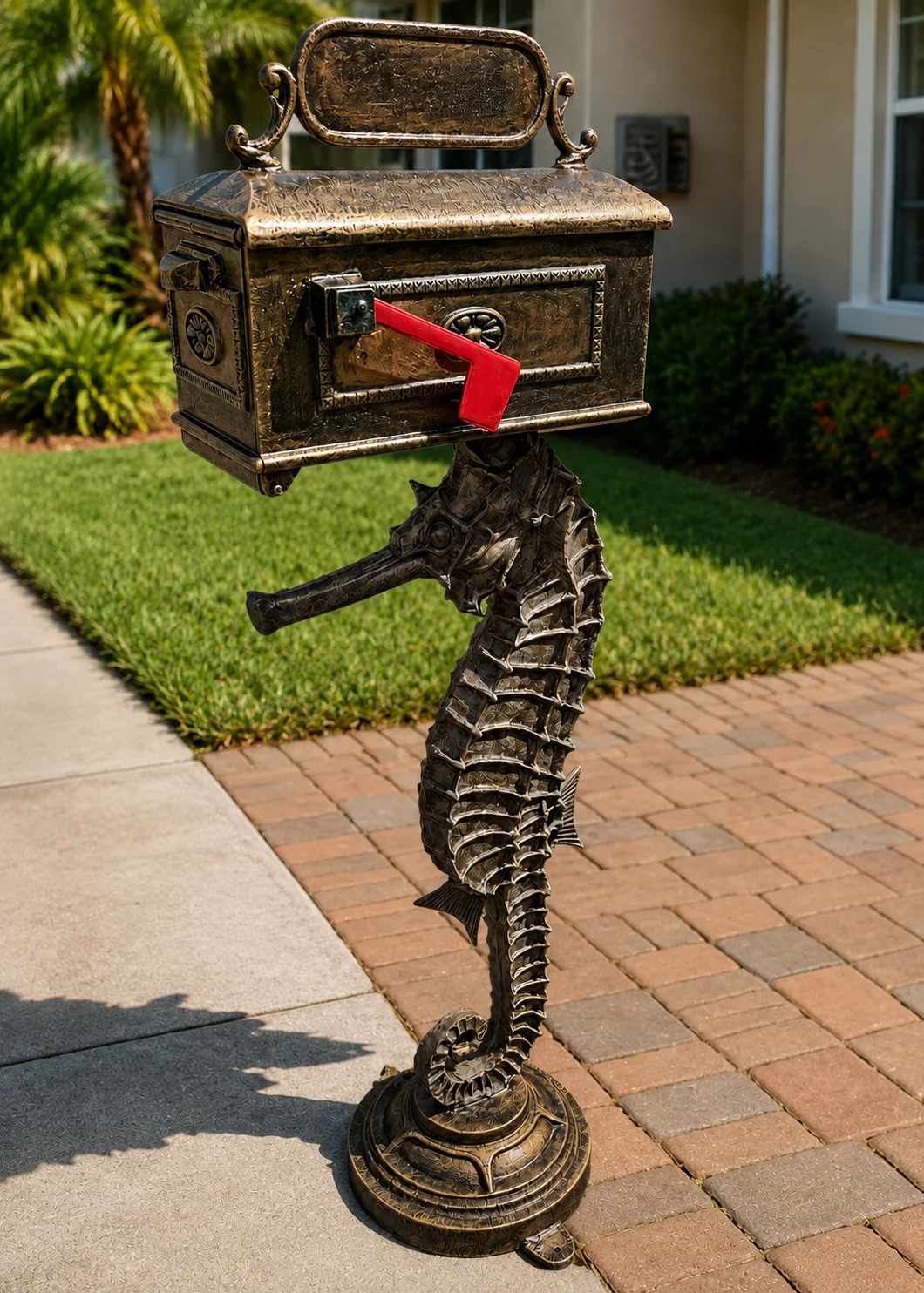 Seahorse mailbox statue in Antique Bronze finish displayed at a coastal Florida home