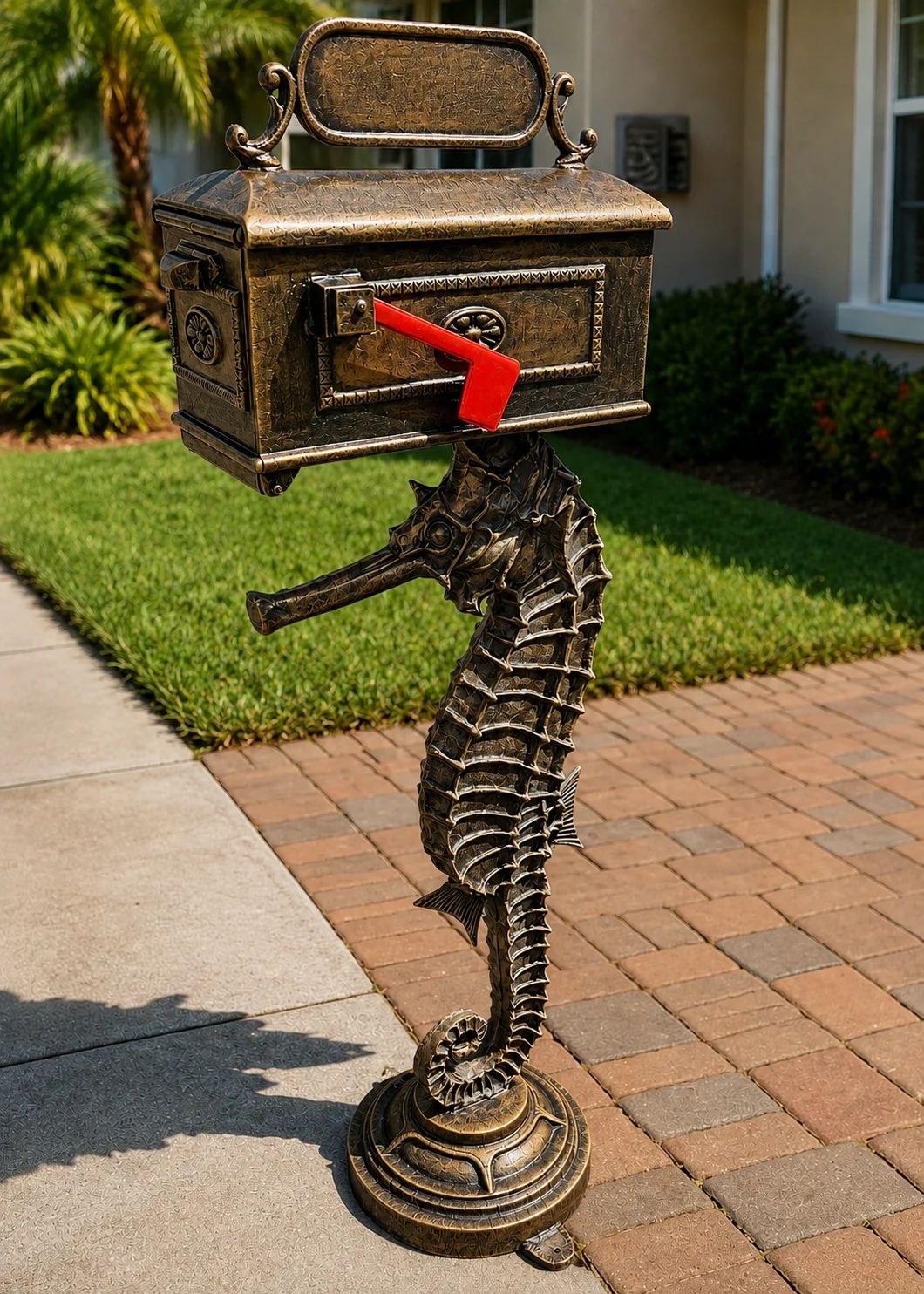 Seahorse mailbox statue in Antique Gold finish displayed at a coastal Florida home