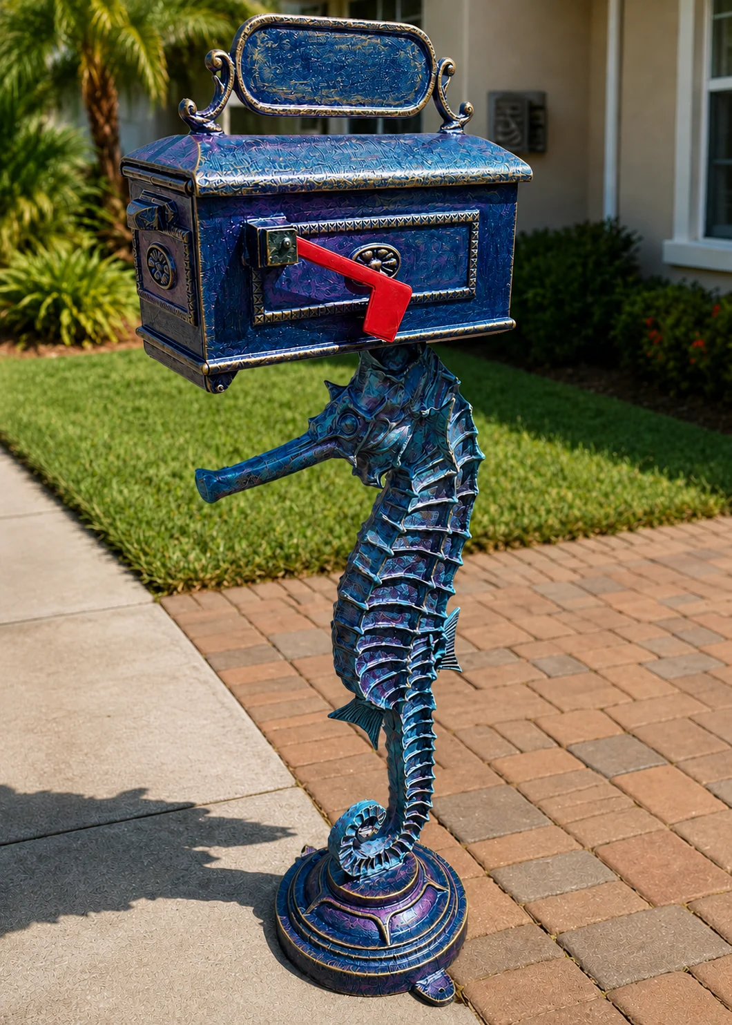 Seahorse mailbox statue in Coastal Blue finish displayed at a coastal Florida home