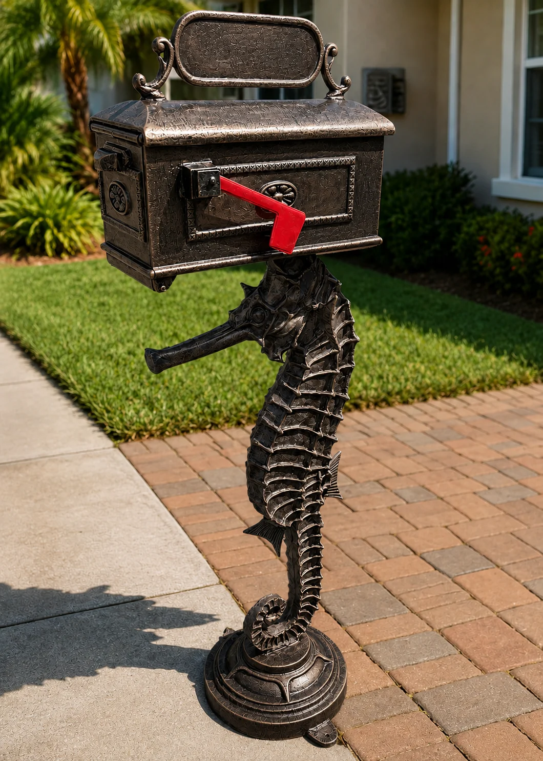 Seahorse mailbox statue in Dark Bronze finish displayed at a coastal Florida home