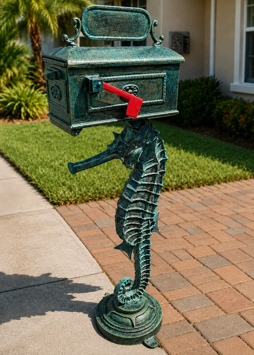 Seahorse mailbox statue in Ocean Patina finish displayed at a coastal Florida home