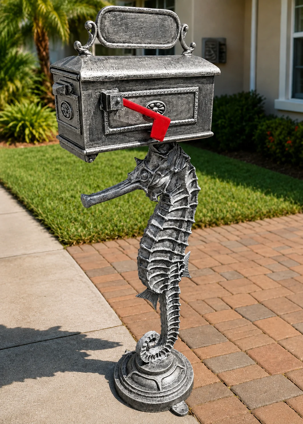 Seahorse mailbox statue in Silver Patina finish displayed at a coastal Florida home