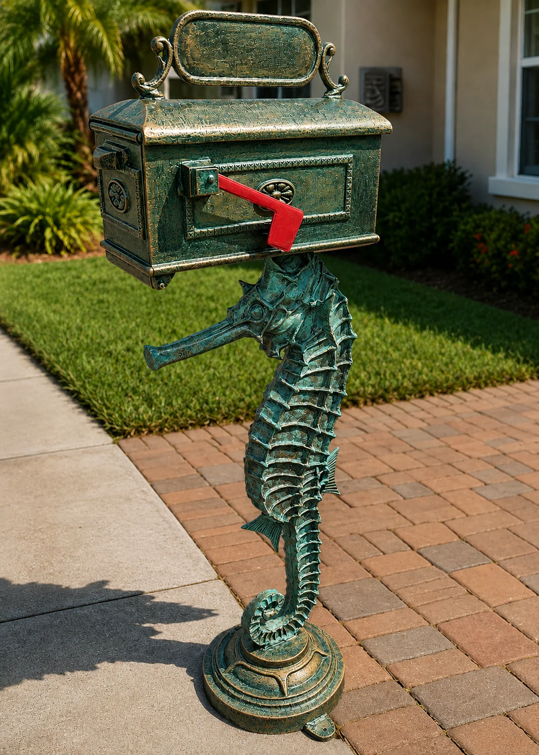 Seahorse mailbox statue in Verdigris Patina finish displayed at a coastal Florida home