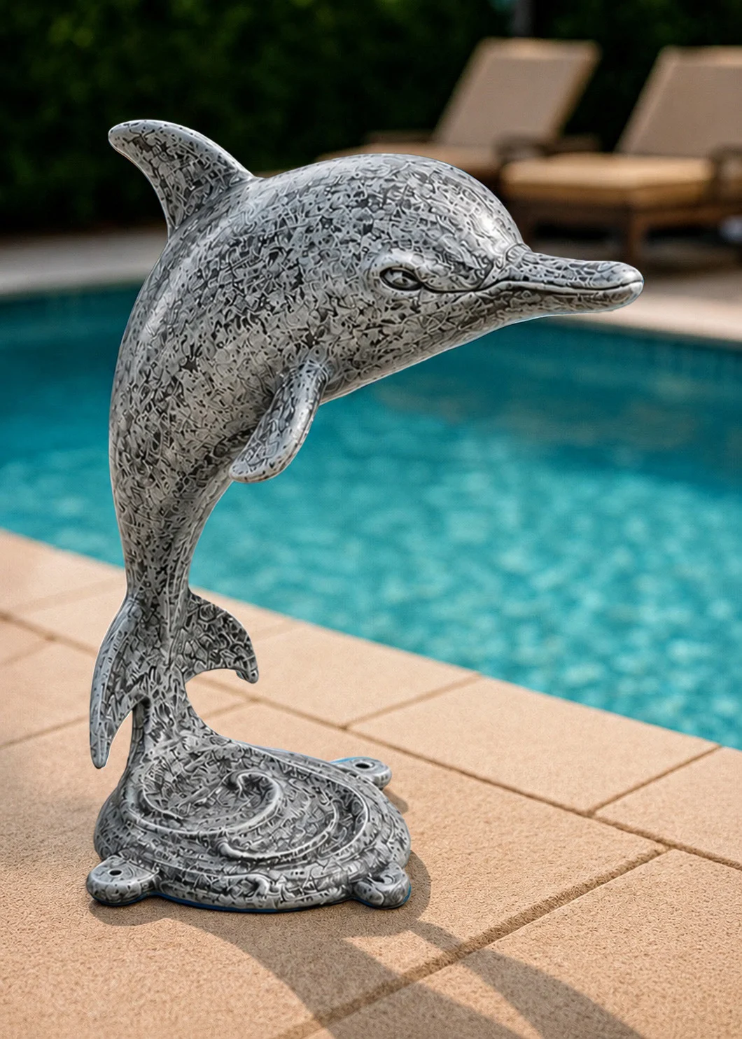 Silver Dolphin Sculpture Near Pool Statues and Sculpture Shop