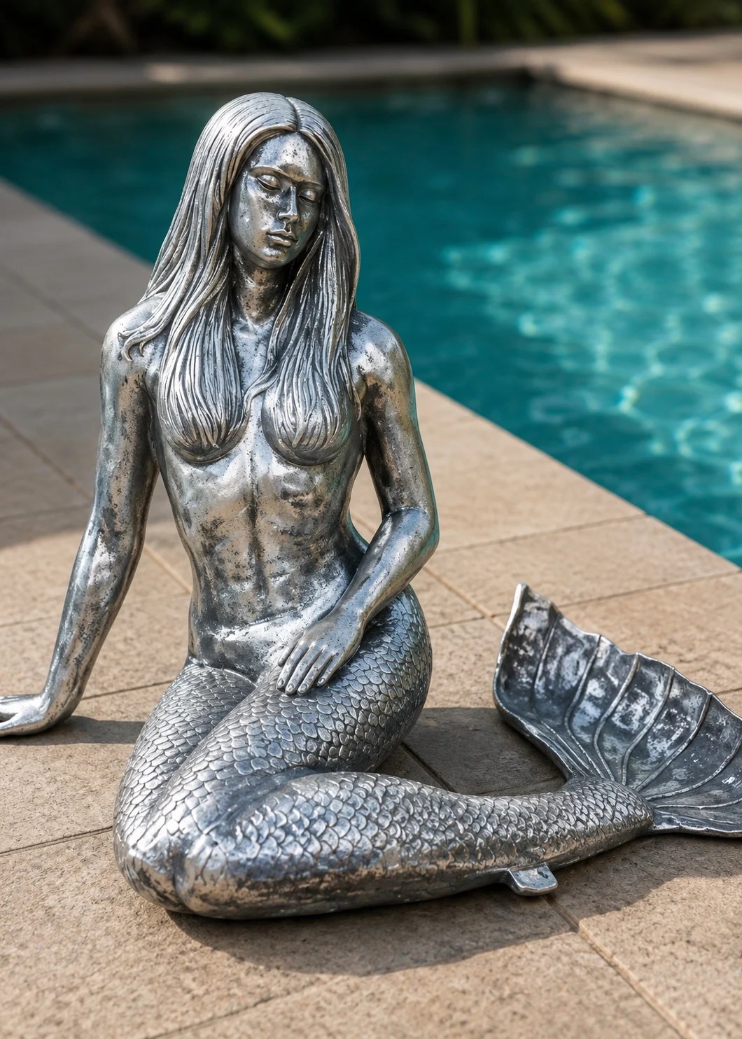 Life size mermaid sculpture in silver patina finish beside pool