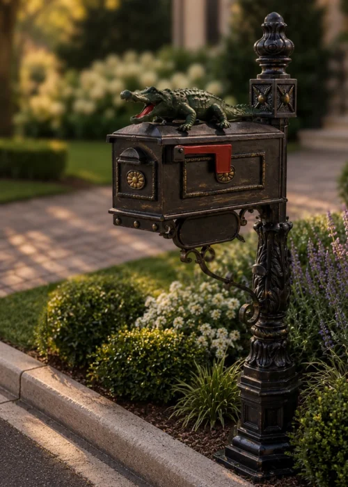 Alligator mailbox sculpture in Multi-Color Artisan finish beside a landscaped driveway