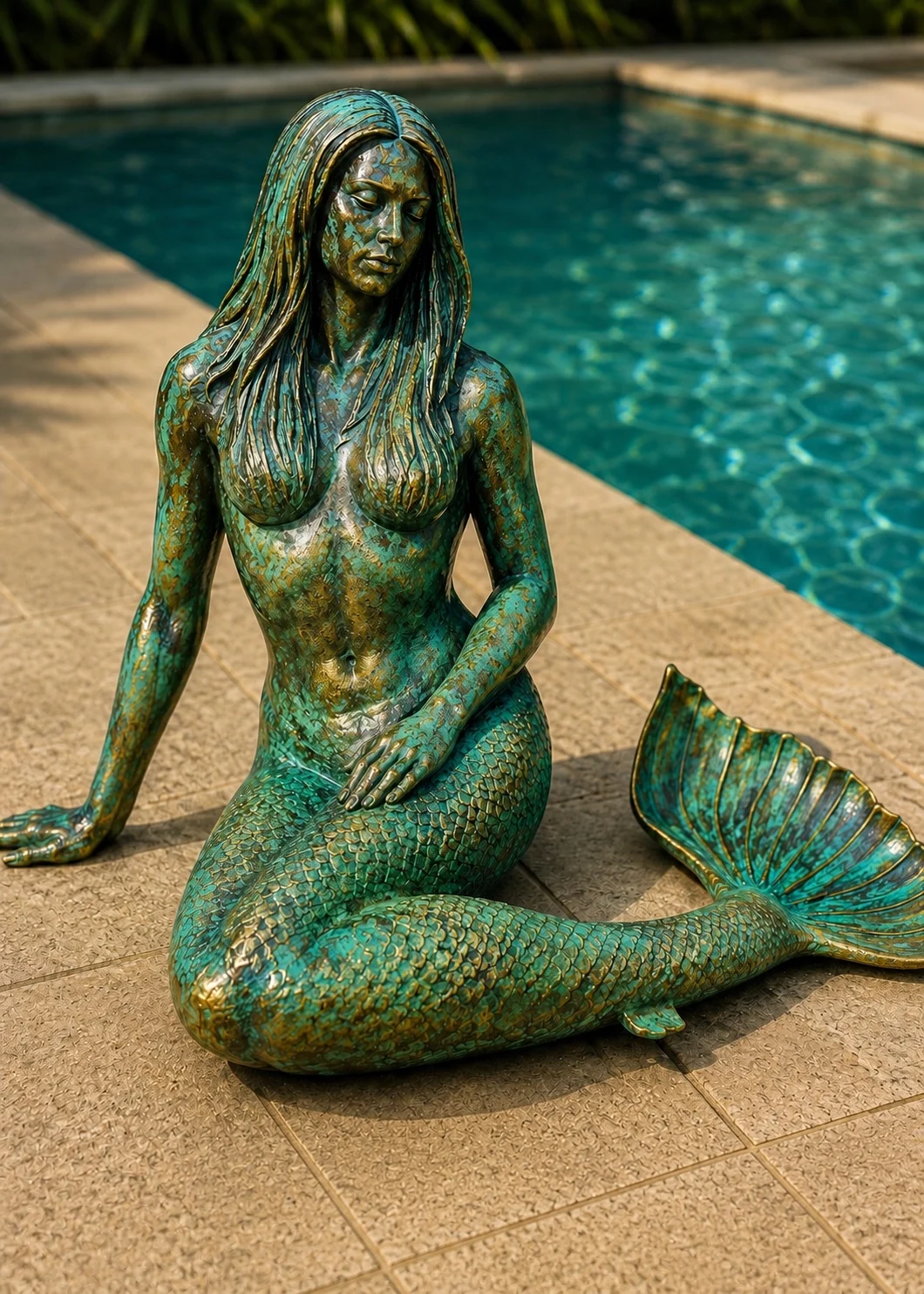 Life size mermaid sculpture in verdigris patina finish beside pool